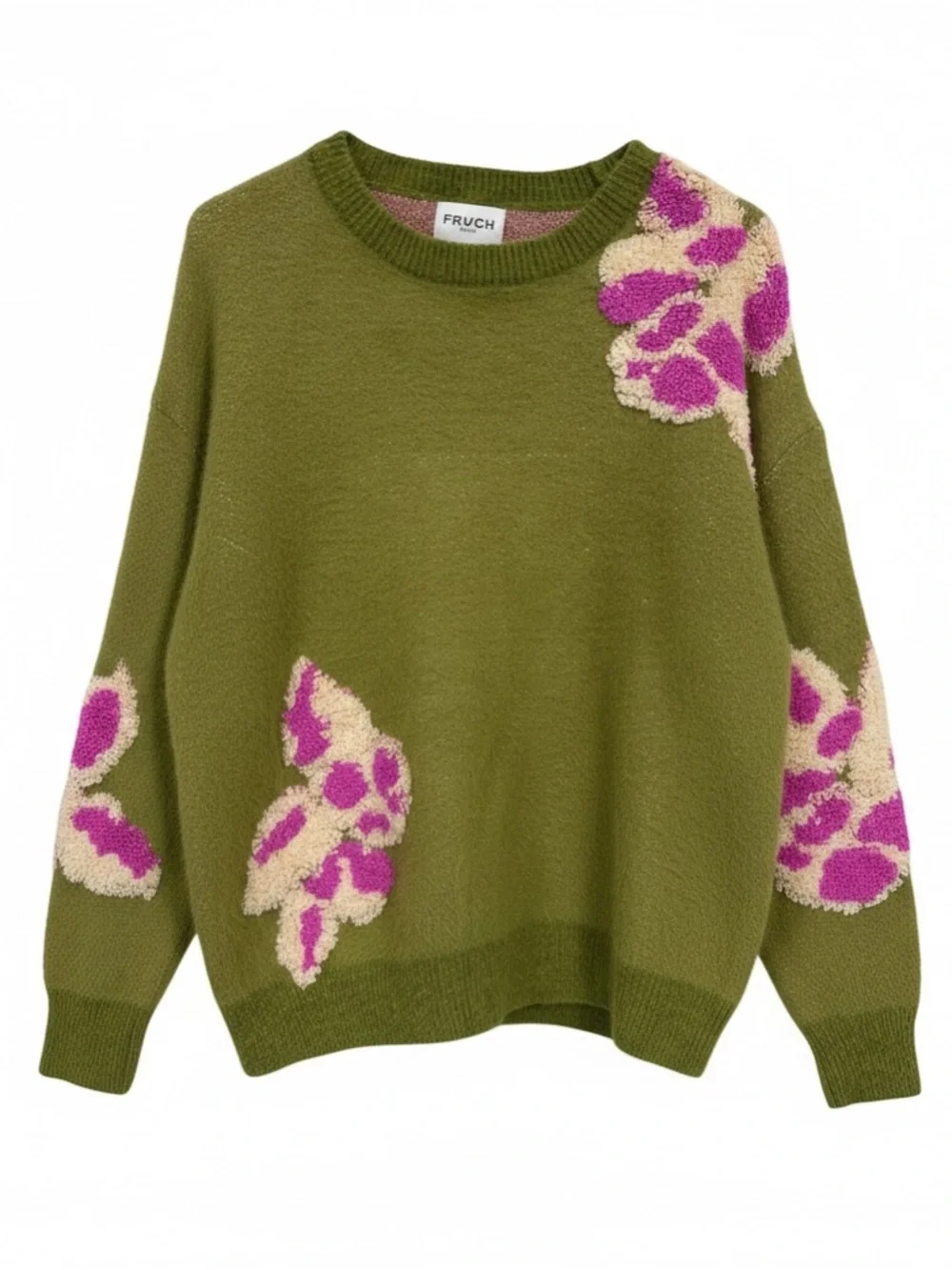 Olive Green Floral Crewneck Sweater with Pink Accents - Picture 3 of 6